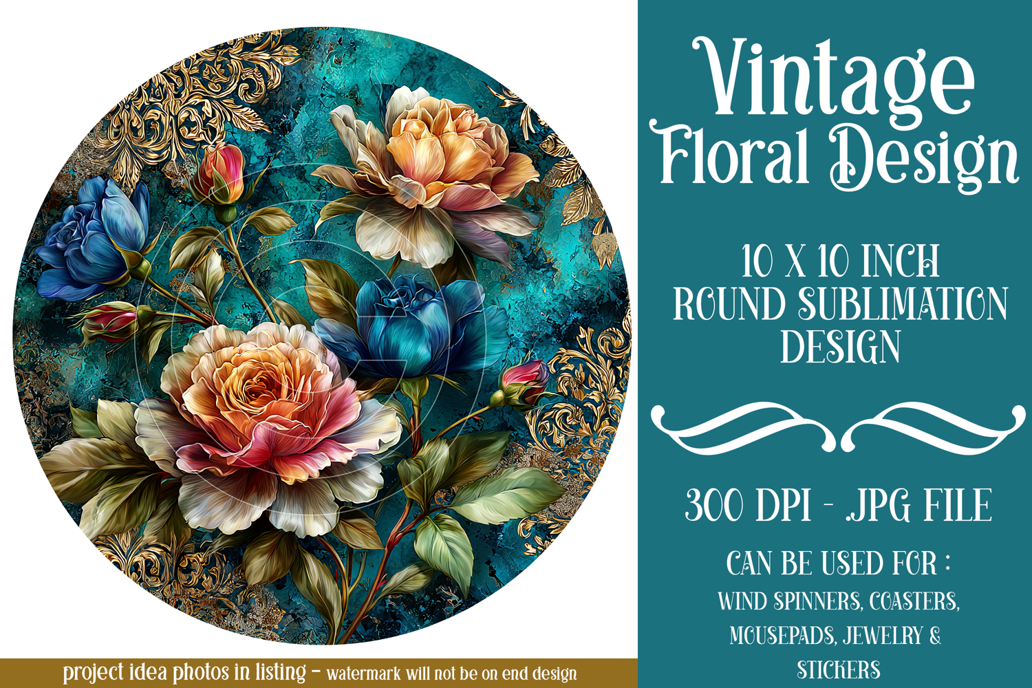 Vintage Floral Round Design, 10x10 Round Sublimation, d30 product image 1