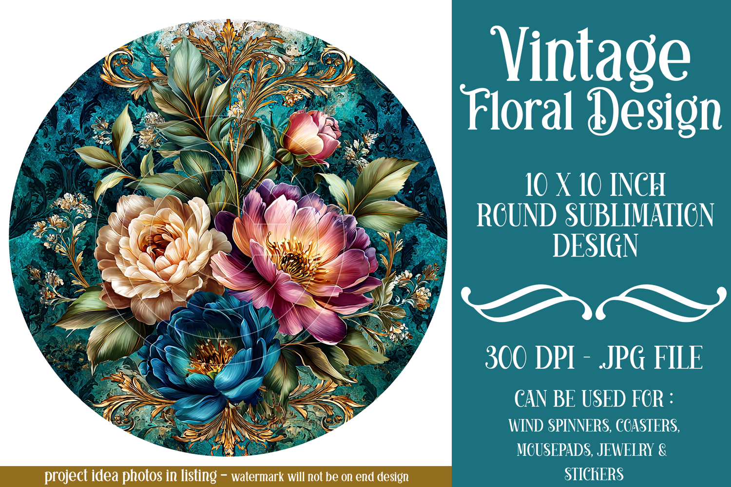 Vintage Floral Round Design, 10x10 Round Sublimation, d33 product image 1