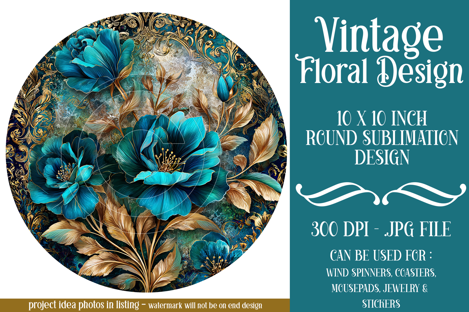 Vintage Floral Round Design, 10x10 Round Sublimation, d35 product image 1