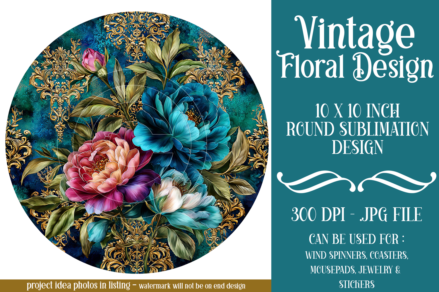 Vintage Floral Round Design, 10x10 Round Sublimation, d4 product image 1