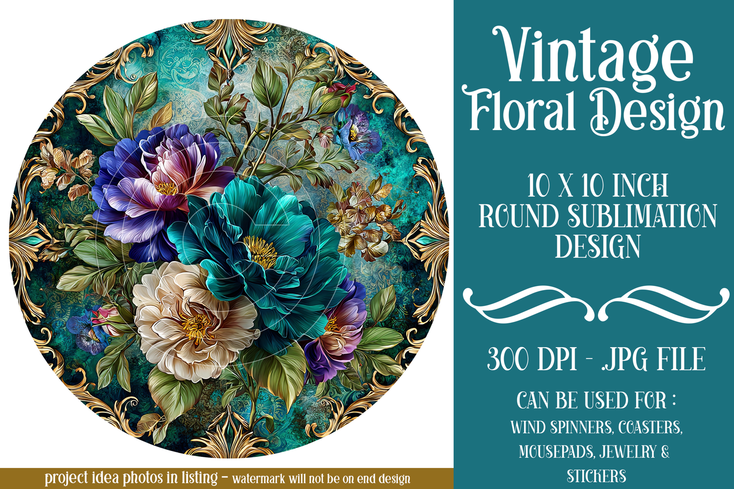 Vintage Floral Round Design, 10x10 Round Sublimation, d6 product image 1