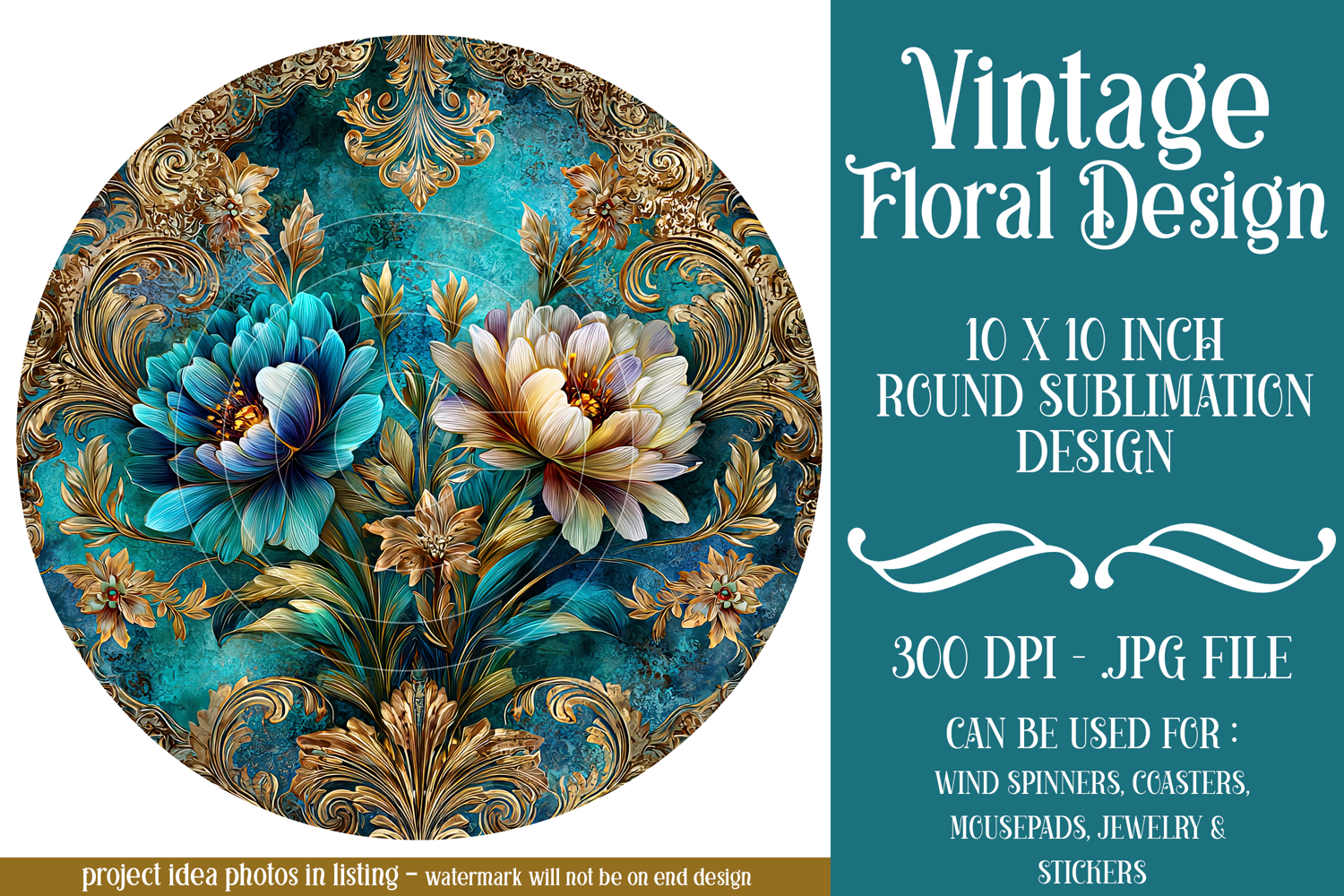 Vintage Floral Round Design, 10x10 Round Sublimation, d8 product image 1