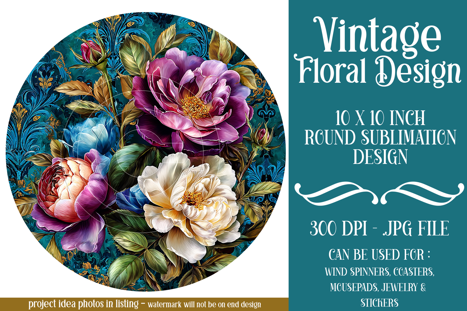 Vintage Floral Round Design, 10x10 Round Sublimation, d9 product image 1