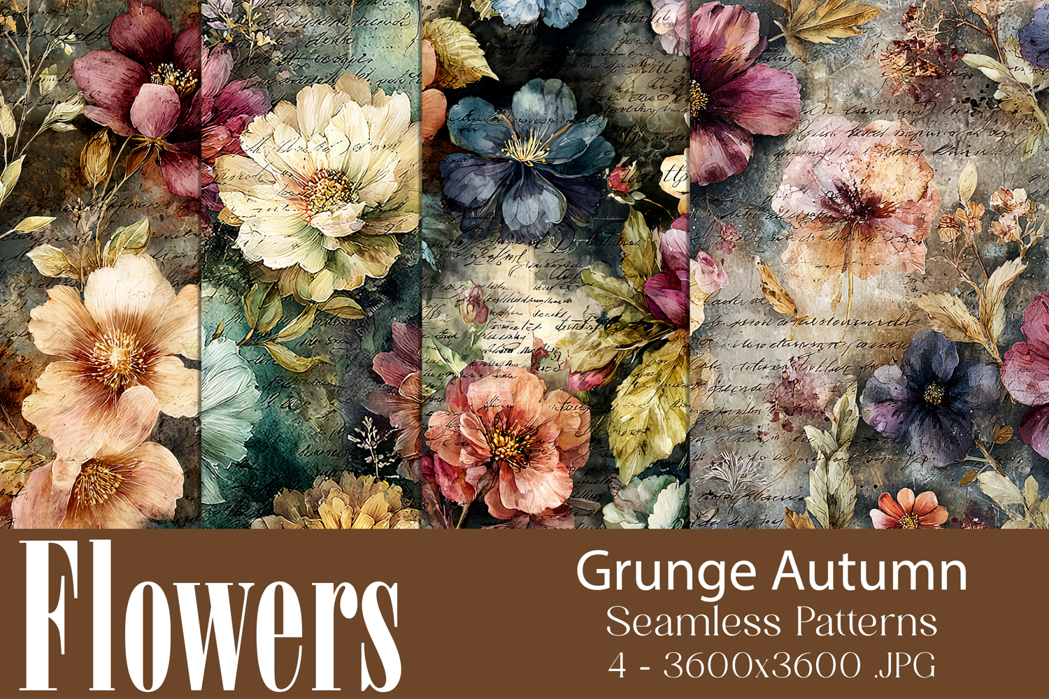 Flower Patterns, Grunge Autumn Flowers Seamless Patterns, s1 product image 1