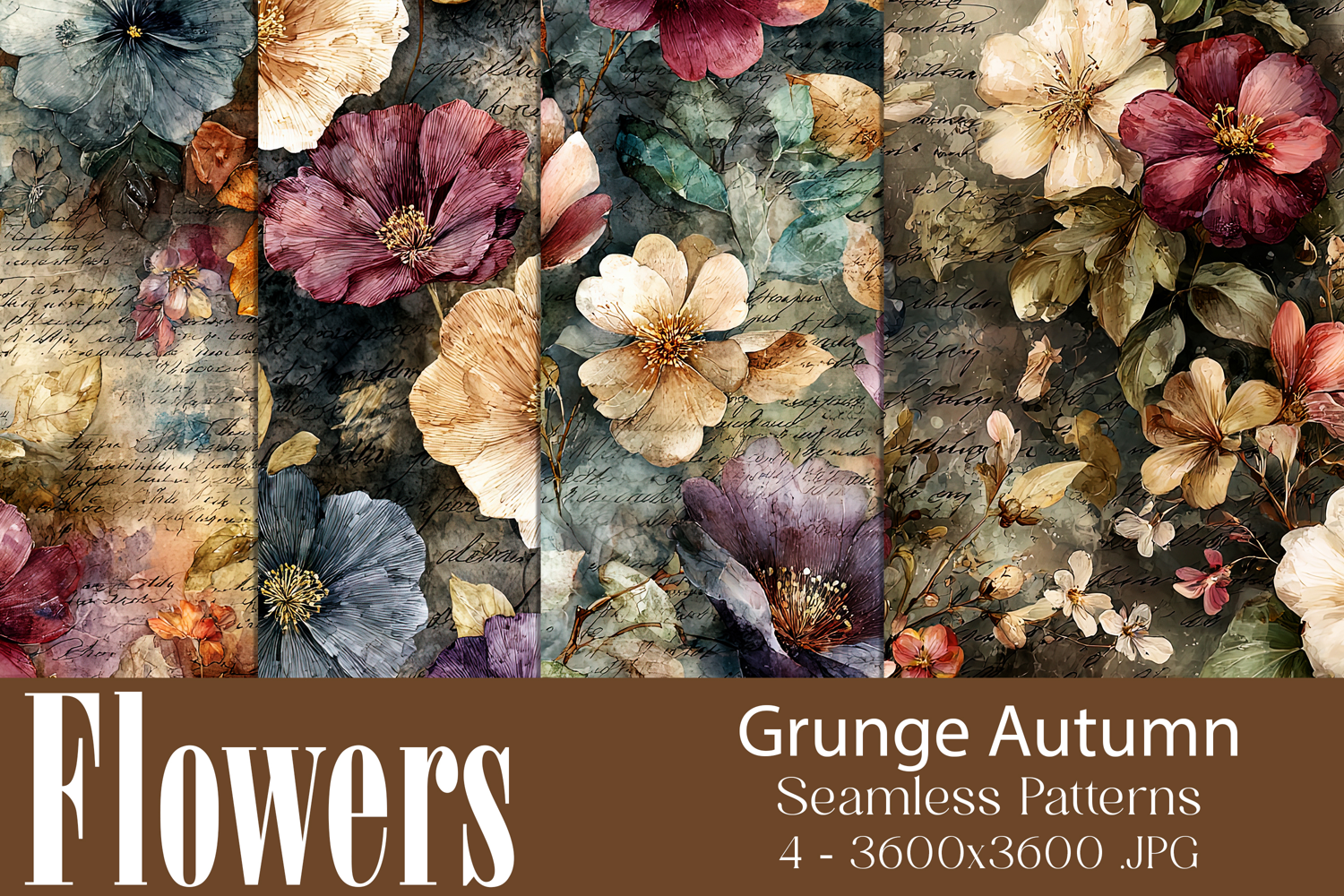 Flower Patterns, Grunge Autumn Flowers Seamless Patterns, 10 product image 1