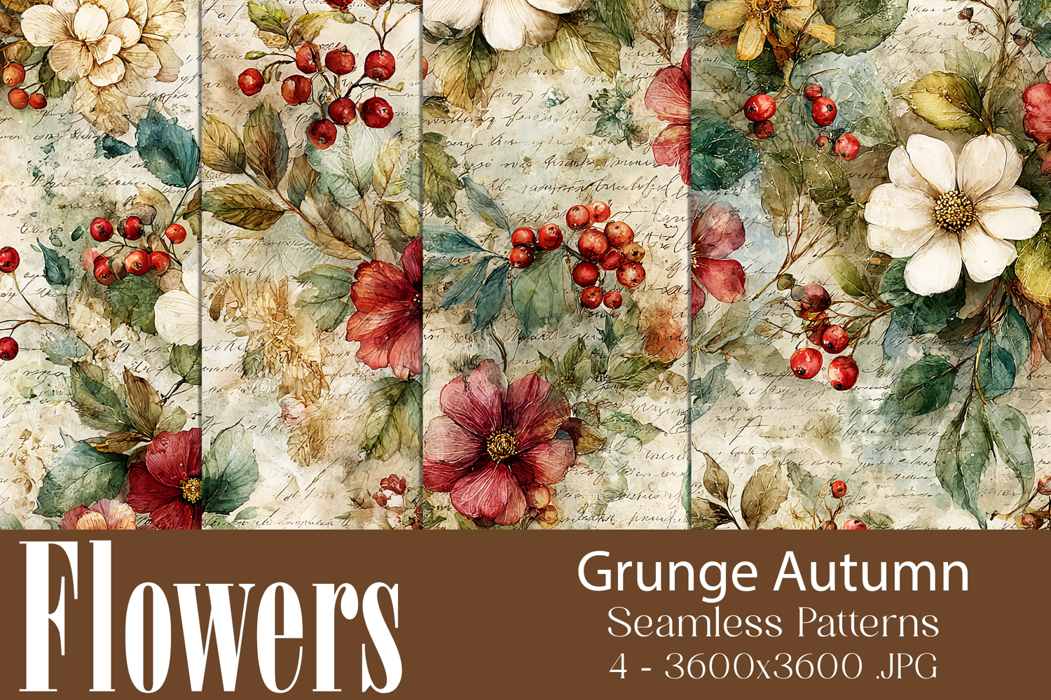 Flower Patterns, Grunge Autumn Flowers Seamless Patterns, 12 product image 1