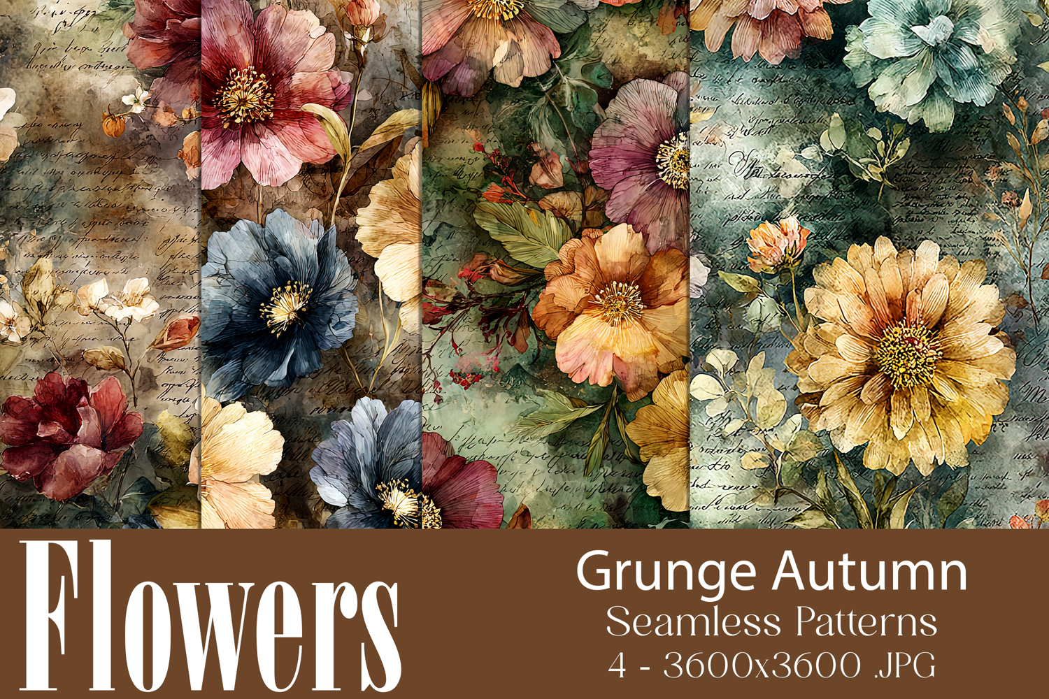 Flower Patterns, Grunge Autumn Flowers Seamless Patterns, 13 product image 1