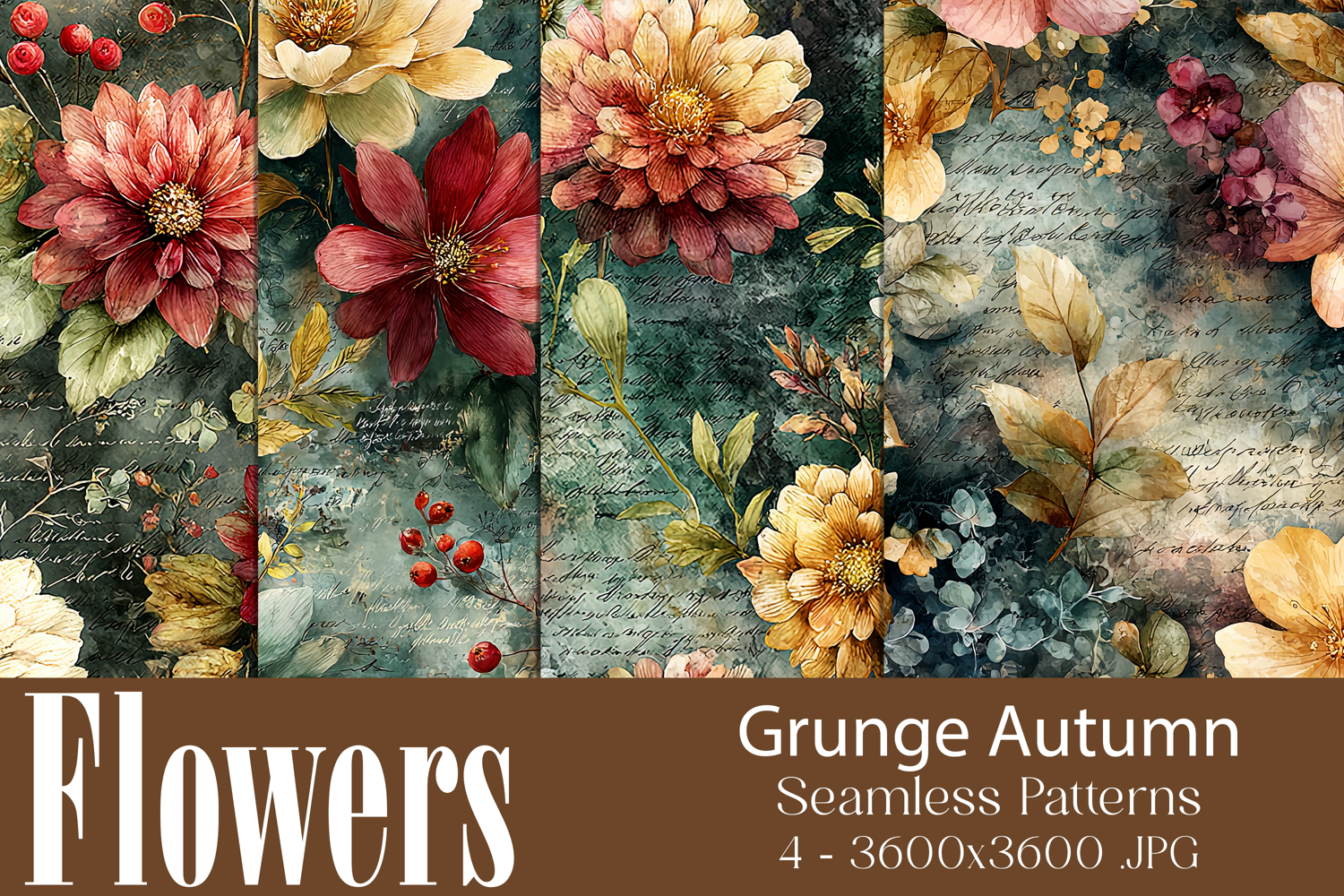 Flower Patterns, Grunge Autumn Flowers Seamless Patterns, 14 product image 1