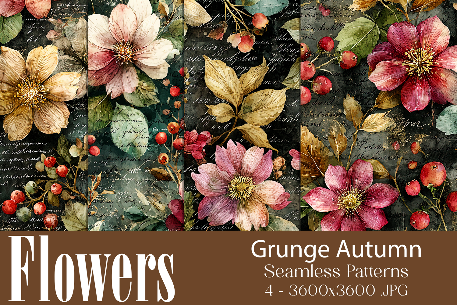 Flower Patterns, Grunge Autumn Flowers Seamless Patterns, 15 product image 1