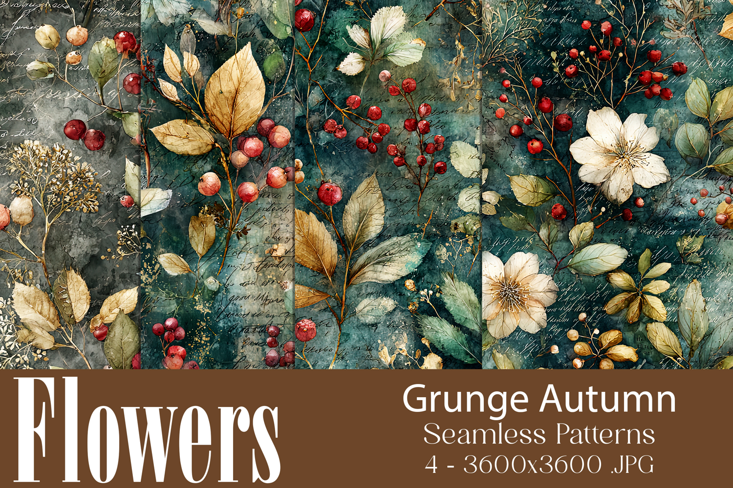 Flower Patterns, Grunge Autumn Flowers Seamless Patterns, 16 product image 1