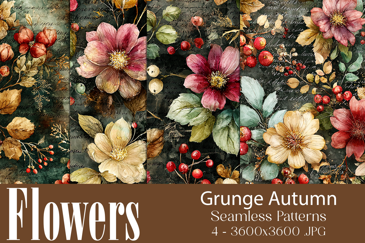 Flower Patterns, Grunge Autumn Flowers Seamless Patterns, s9 product image 1