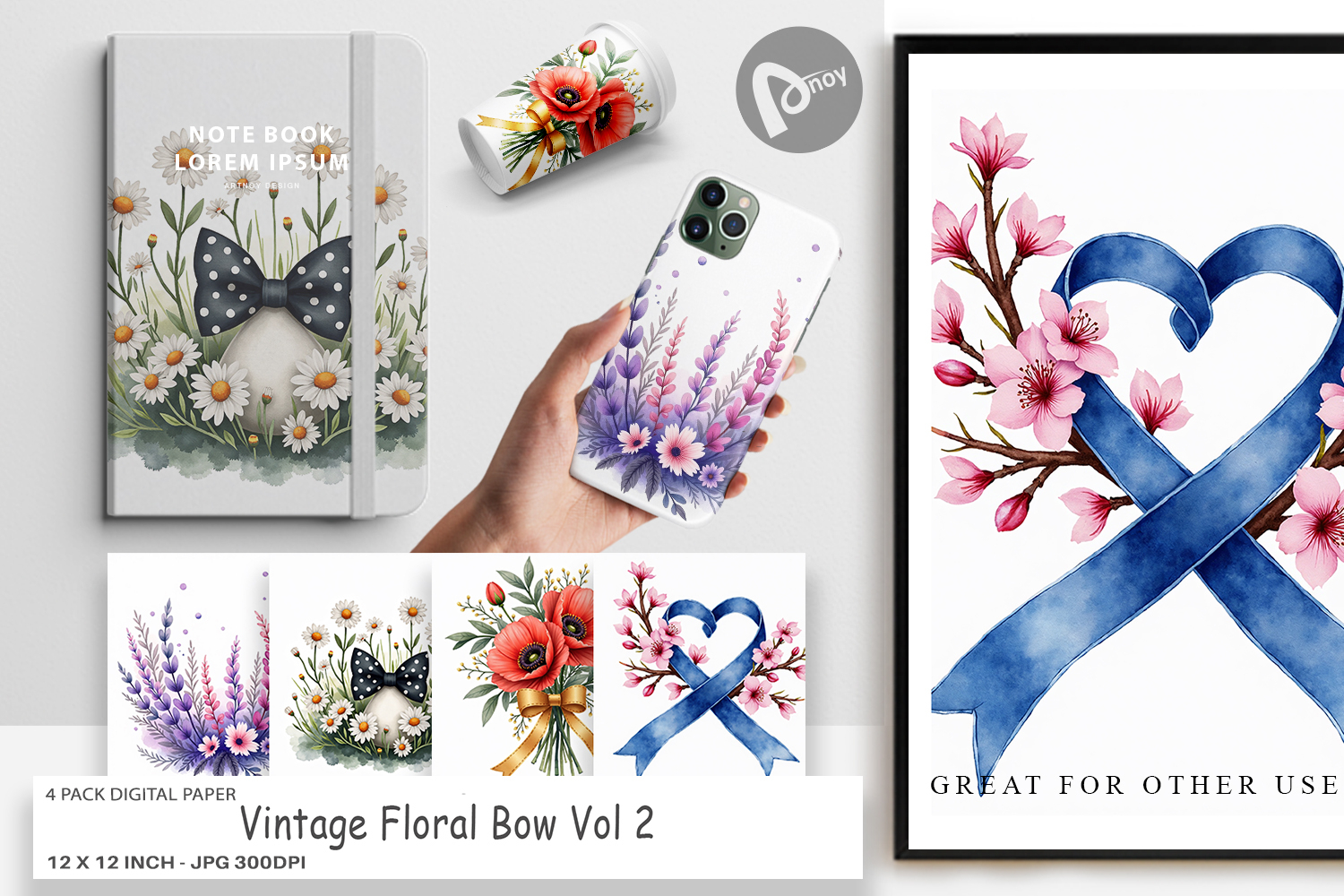 Vintage Floral Bow Digital Paper product image 1