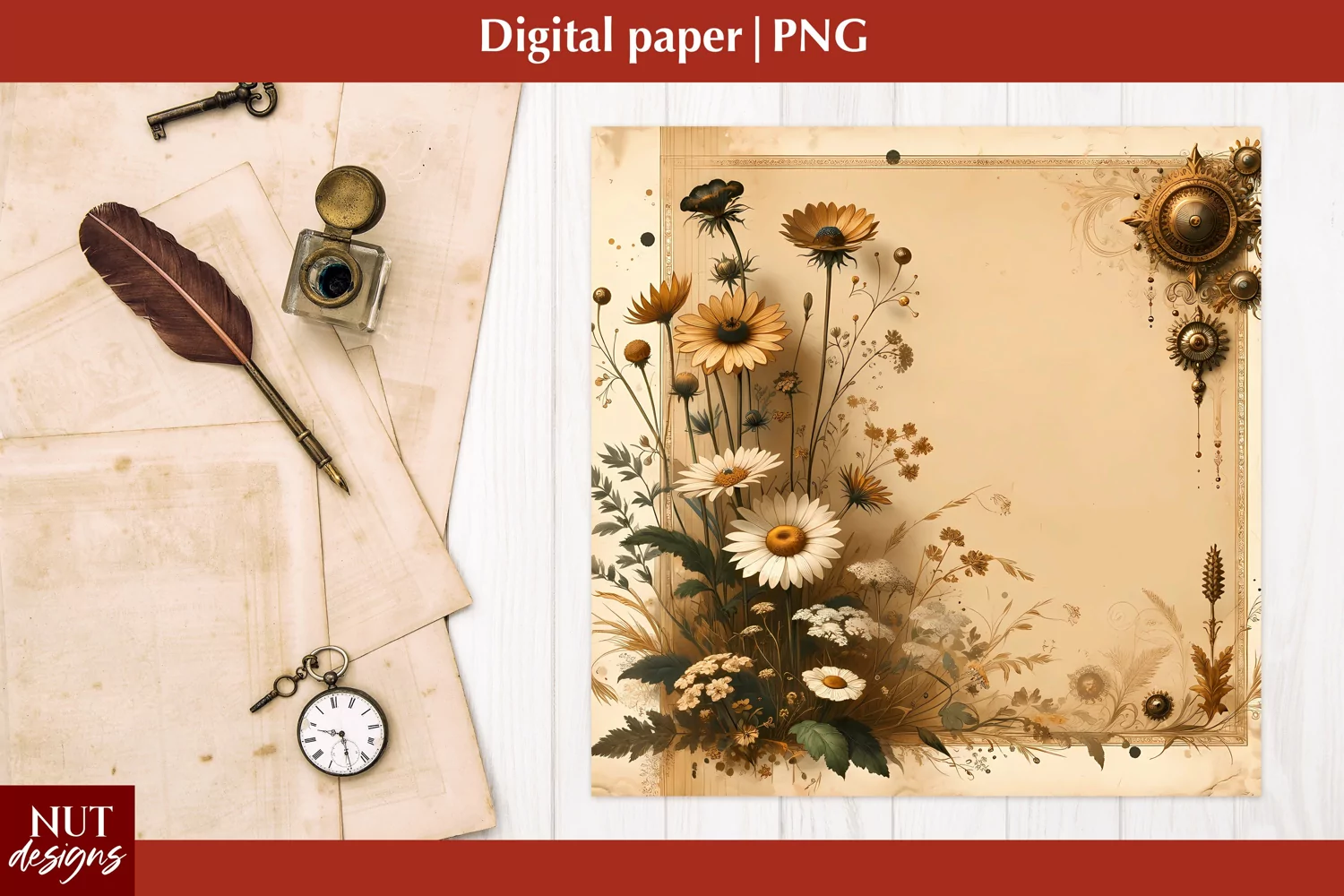 Vintage Digital paper Mothers day floral Old paper scrapbook product image 1