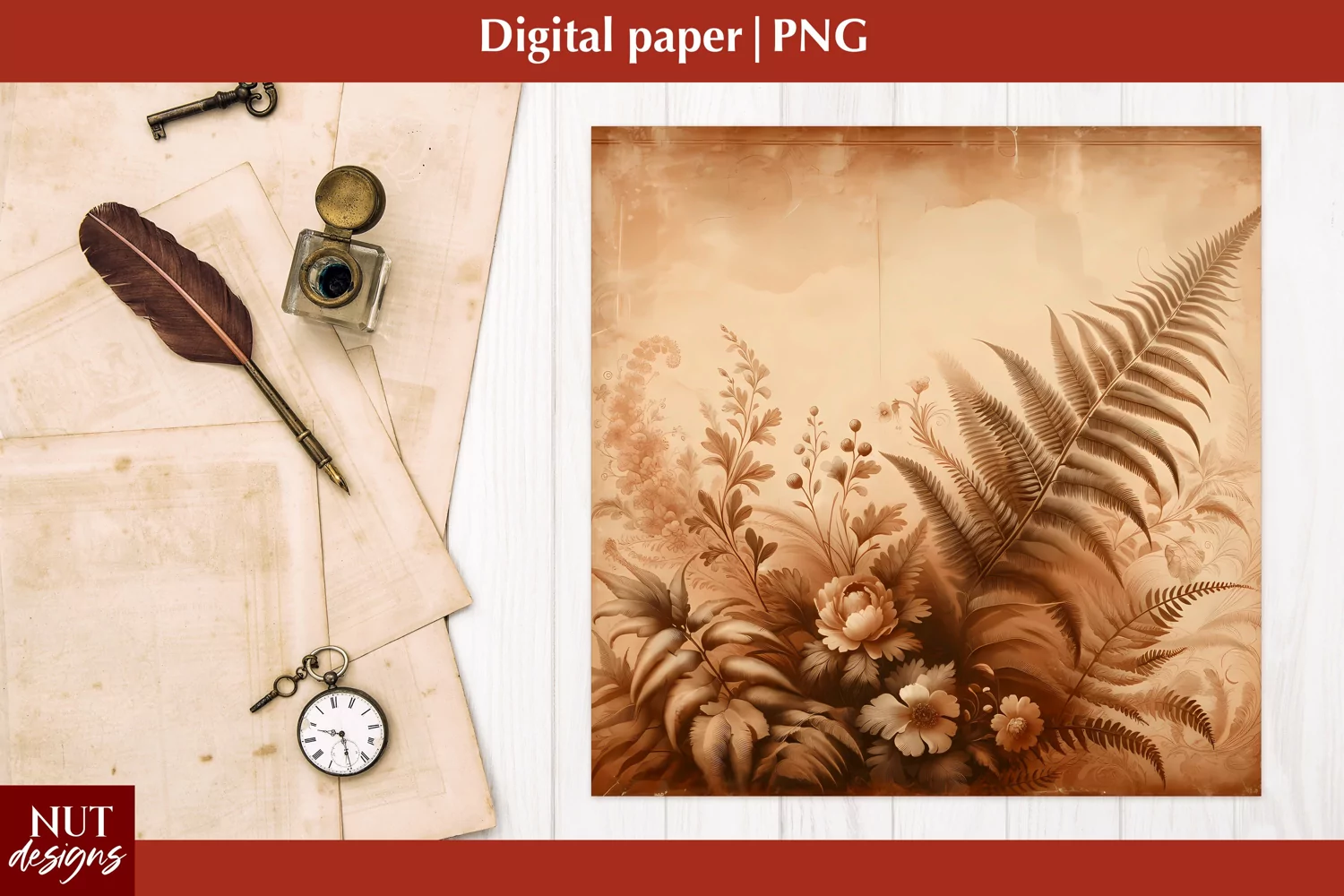Vintage Digital paper Mothers day Ferns Old paper scrapbook product image 1