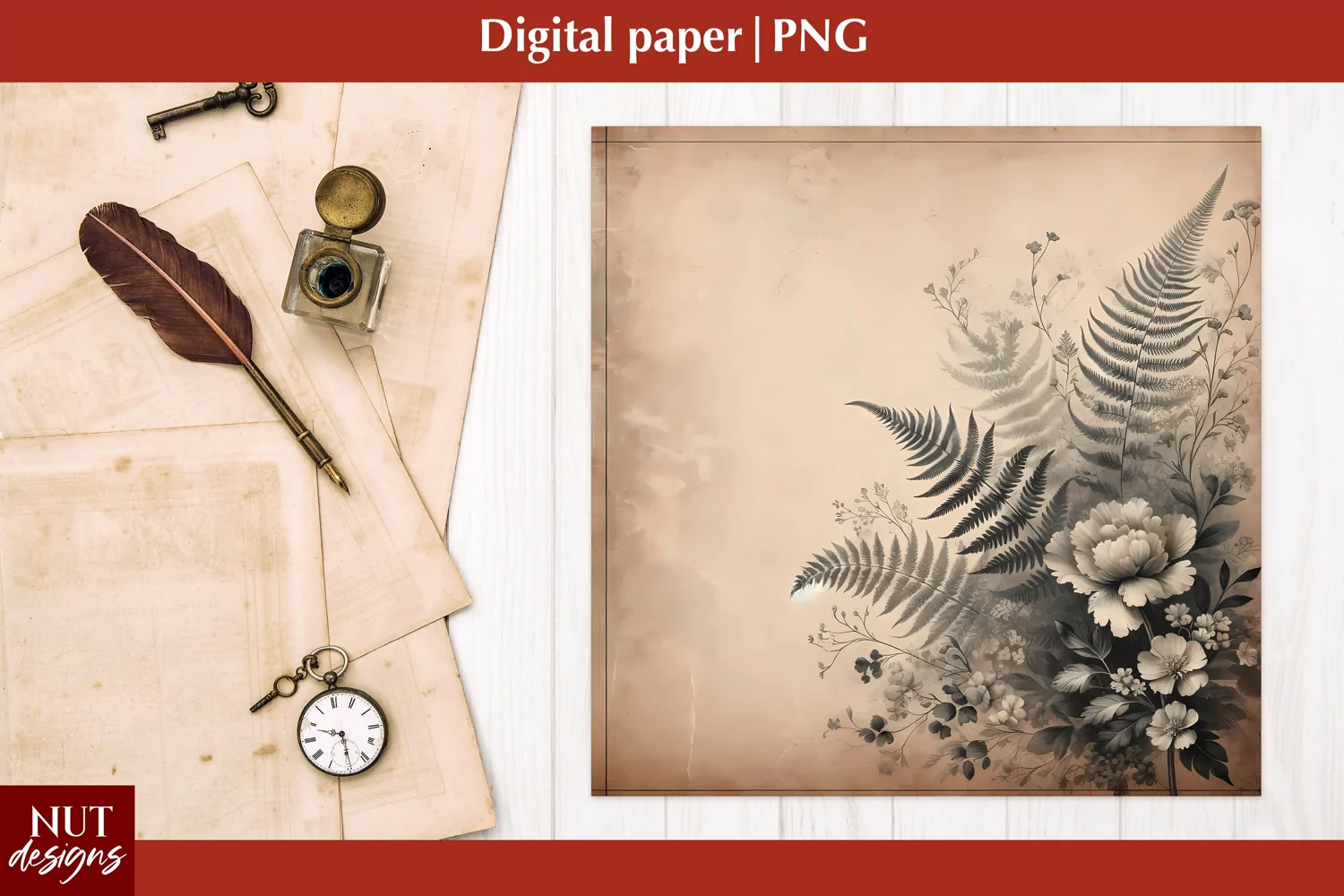 Vintage Floral Digital paper Mothers day Ink fern paper product image 1
