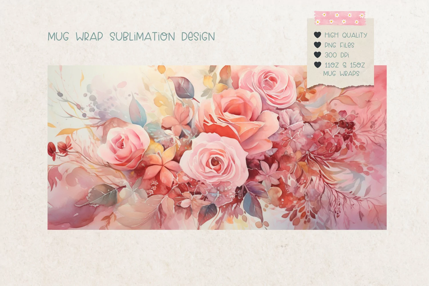 Vintage Flowers Mug Wrap Pink Watercolor Mug Sublimation 