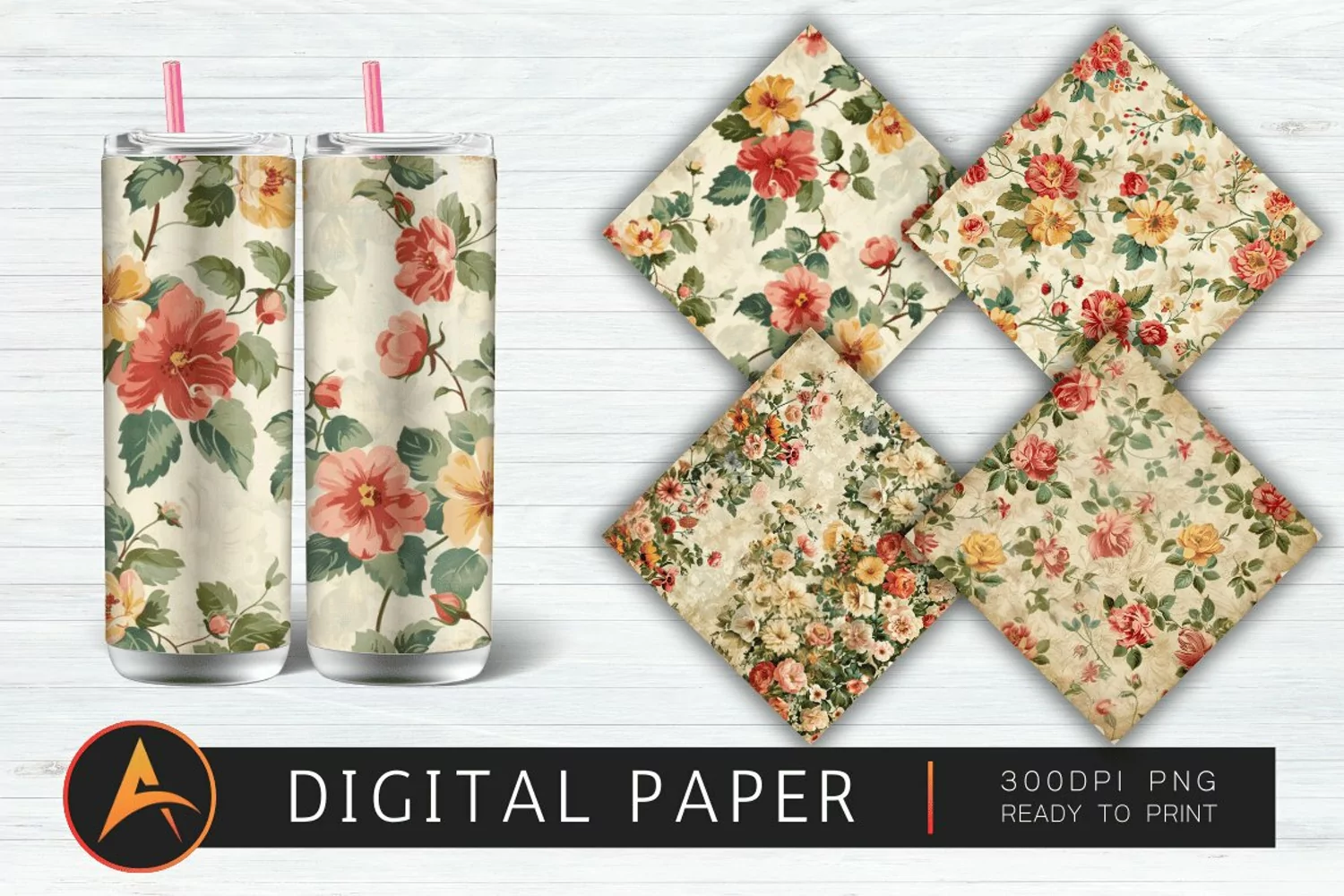Vintage Flowers Pattern Digital Paper product image 1