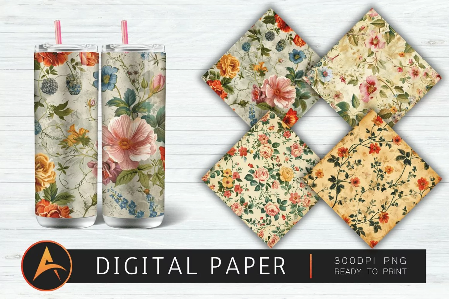 Vintage Flowers Pattern Digital Paper product image 1