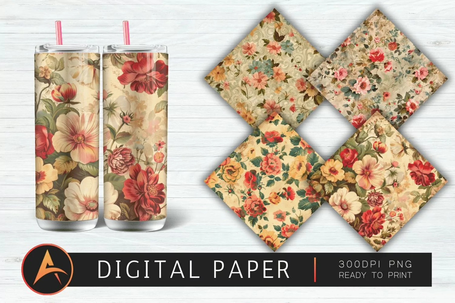 Vintage Flowers Pattern Digital Paper product image 1