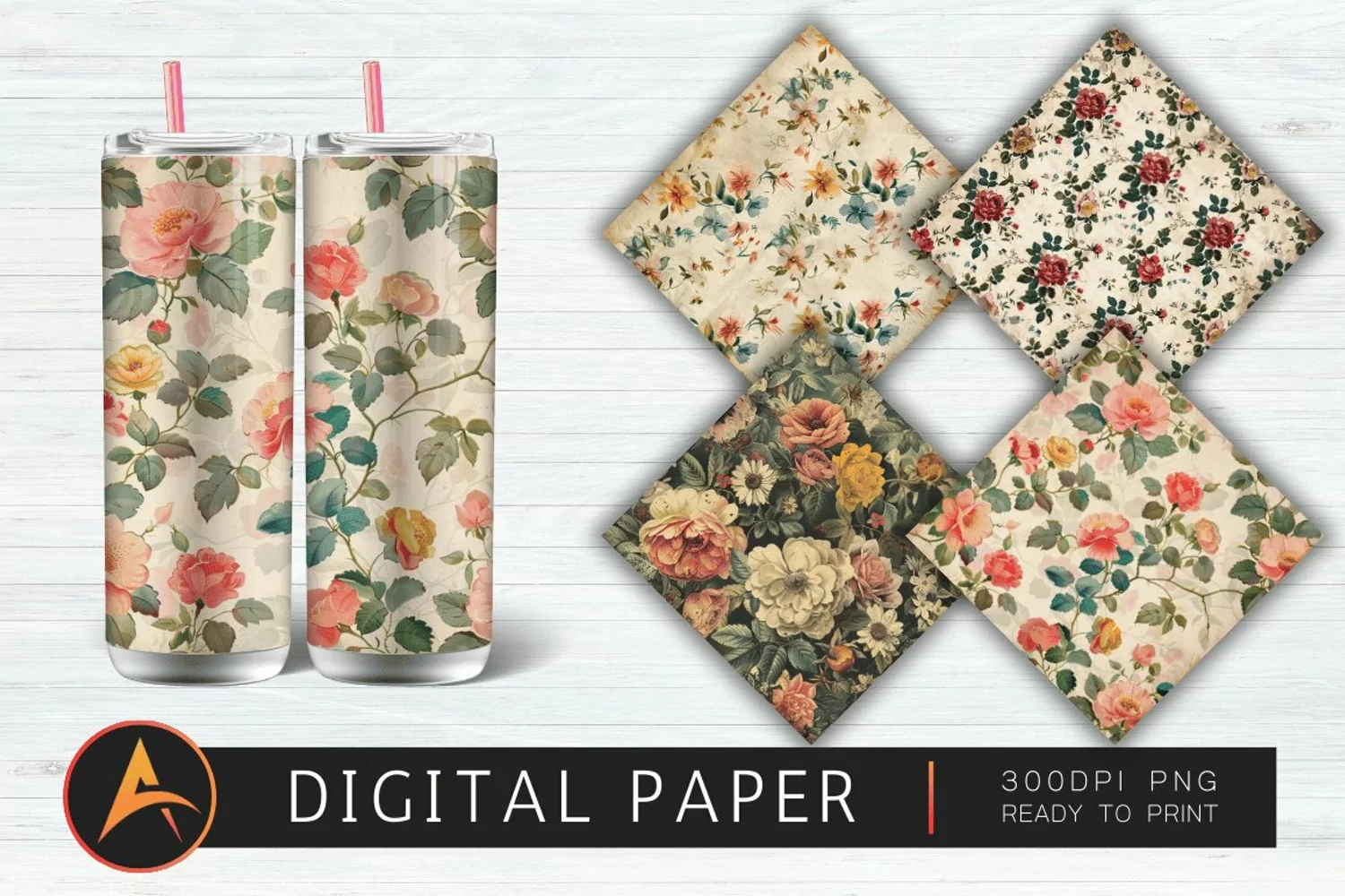 Vintage Flowers Pattern Digital Paper product image 1