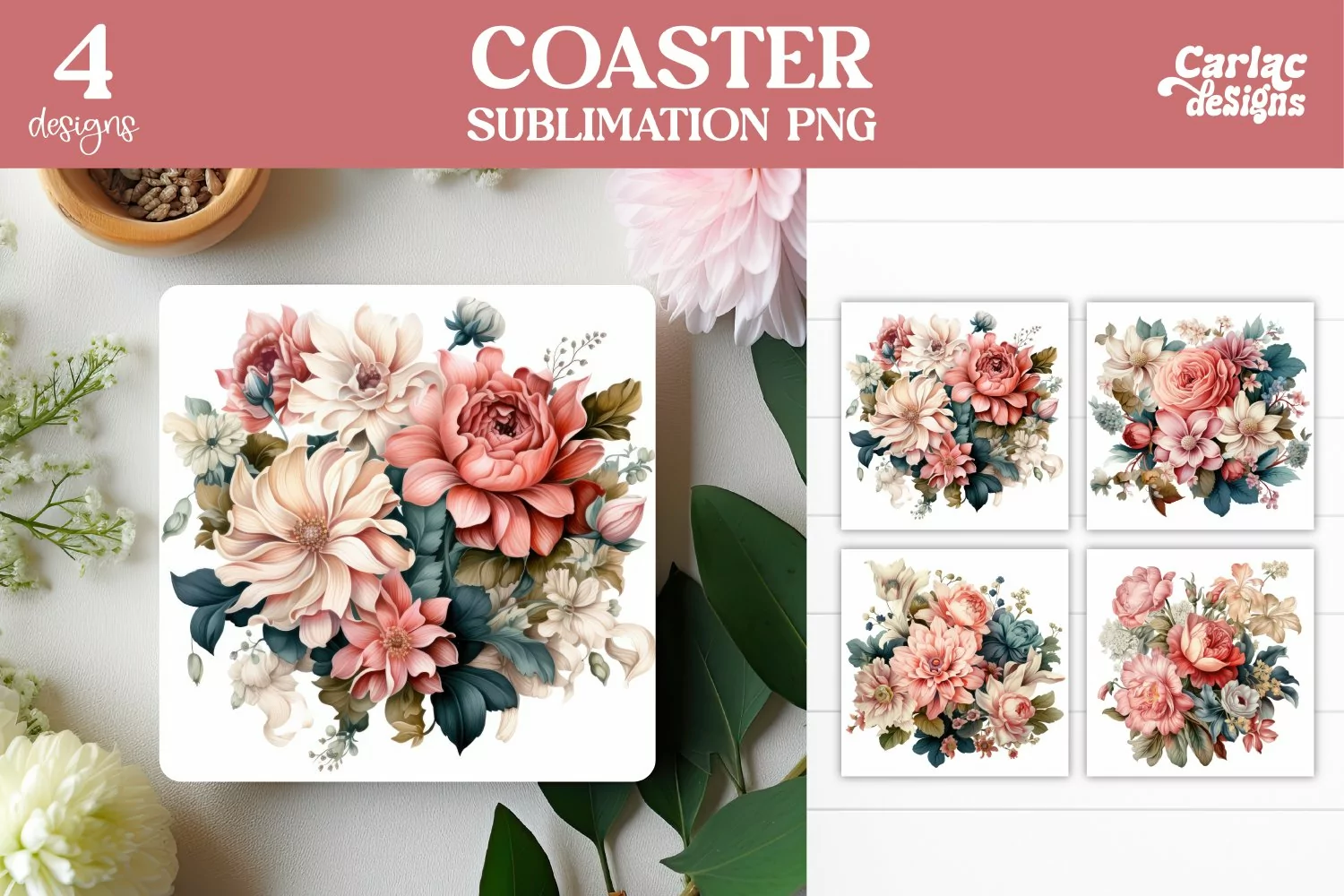 Vintage Flowers Square Coaster Sublimation