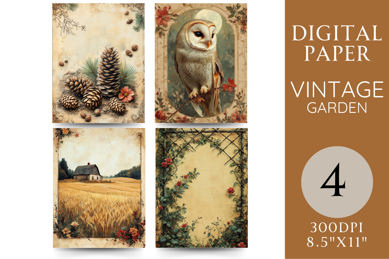 Rustic Owl and Pinecone Digital Paper with Trellis Scene product image 1