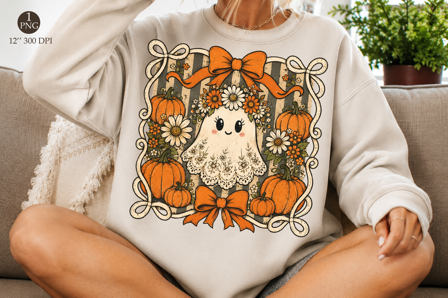 Vintage Ghost Pumpkin Png, Floral Lace Ghost Halloween product image 1