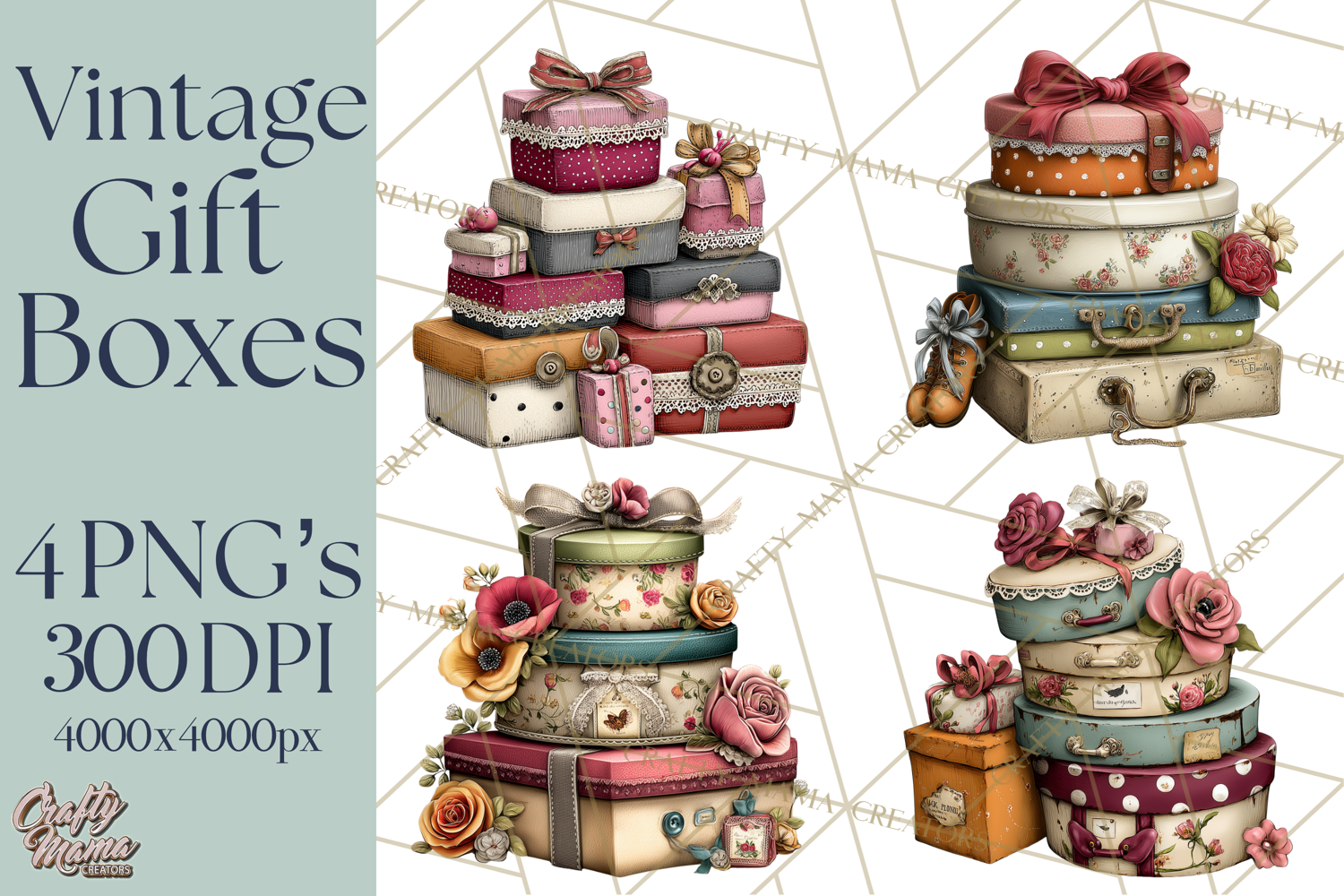 Vintage Gift Boxes Clipart PNG, Romantic Antique Boxes product image 1