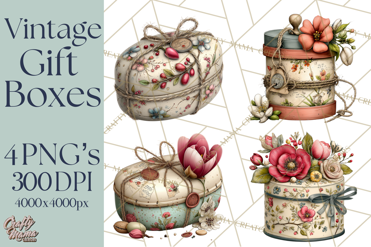 Vintage Gift Boxes Clipart PNG, Romantic Antique Boxes product image 1