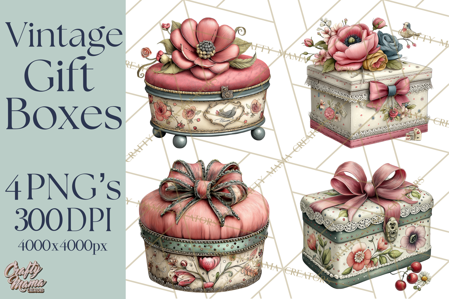 Vintage Gift Boxes Clipart PNG, Romantic Antique Boxes product image 1