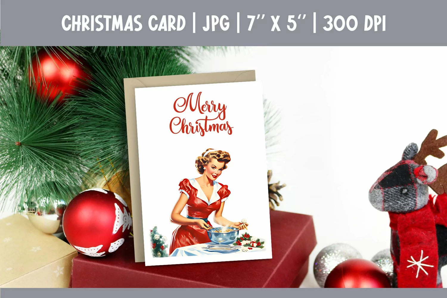Merry Christmas Card Printable | Vintage Pin Up Girl PNG product image 1
