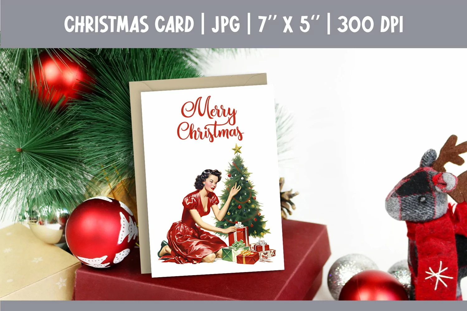 Merry Christmas Card Printable | Vintage Pin Up Girl PNG product image 1