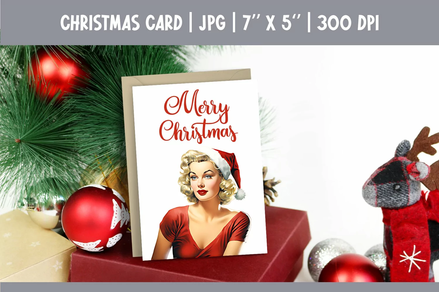Merry Christmas Card Printable | Vintage Pin Up Girl PNG product image 1