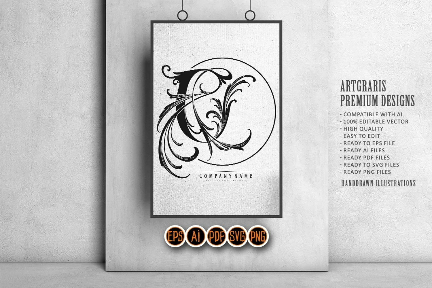Vintage glamour floral U letter monogram logo monochrome product image 1
