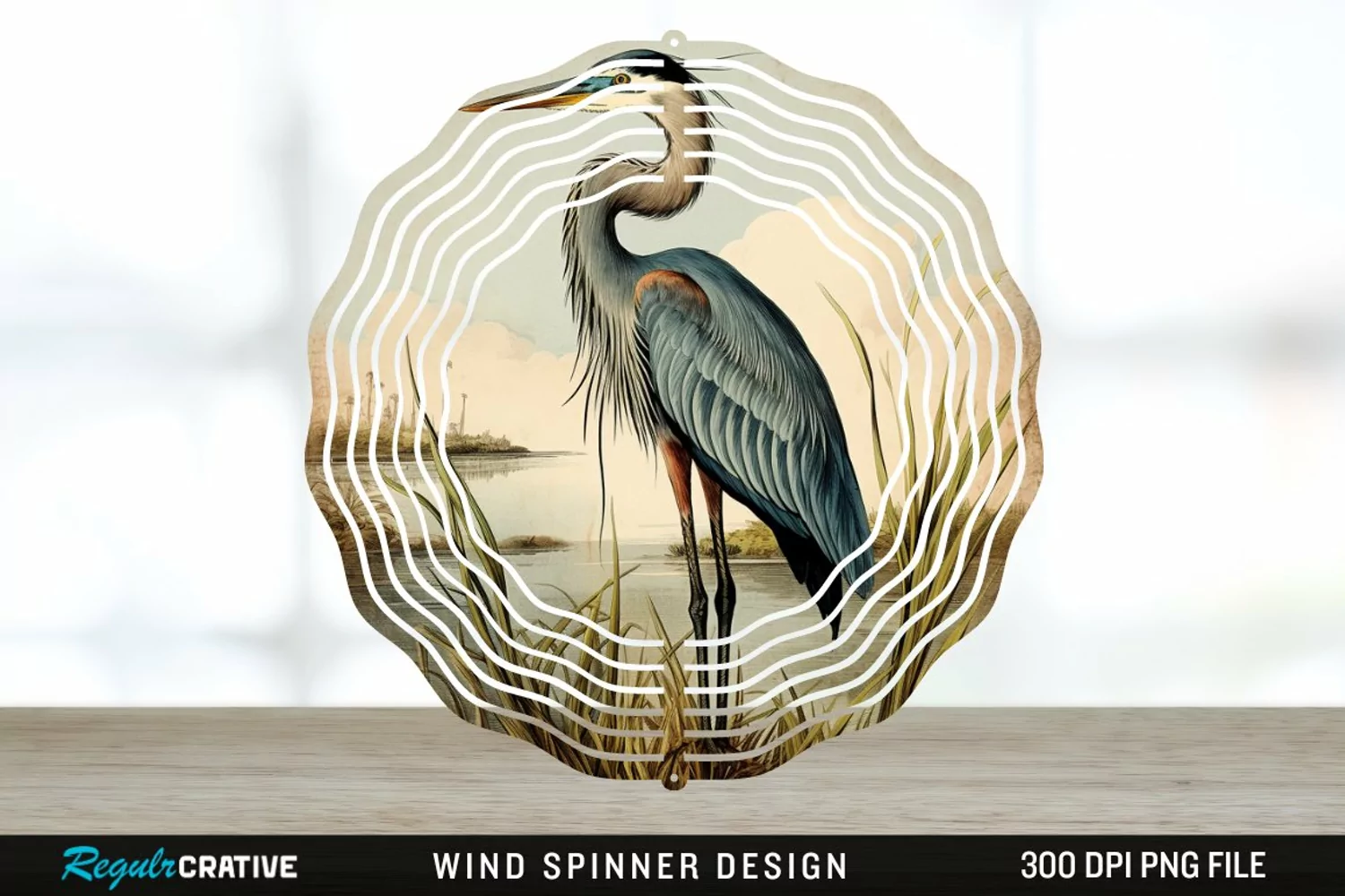 Vintage Great Blue Heron Bird Spinner Sublimation Design PNG product image 1