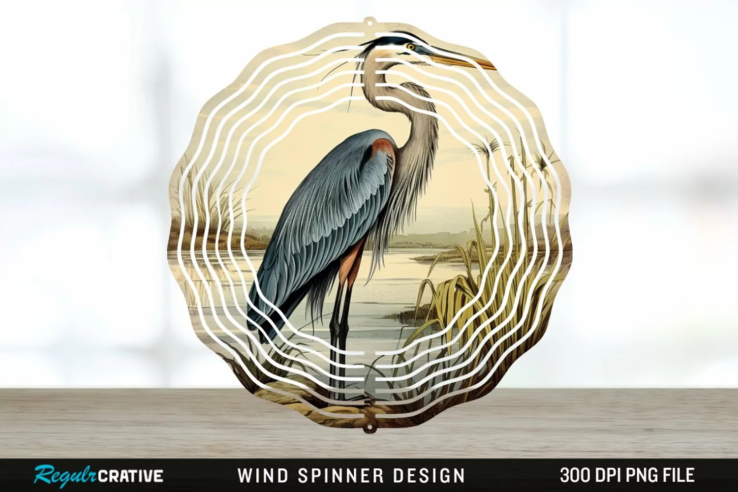 Vintage Great Blue Heron Bird Spinner Sublimation Design PNG product image 1