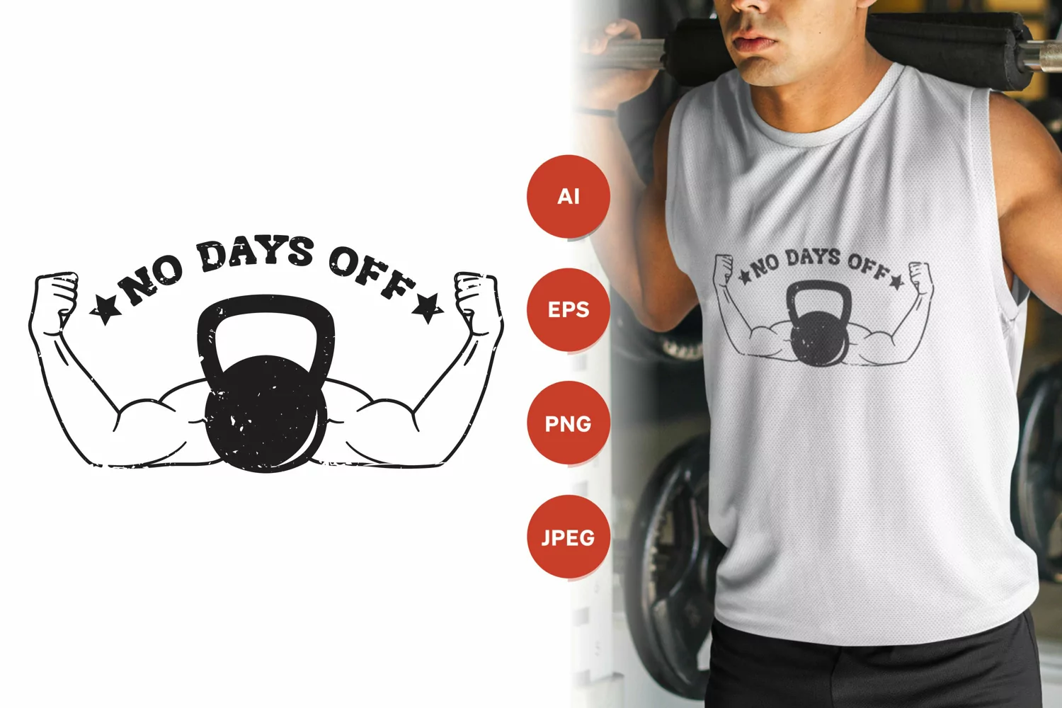 No Days Off, Kettlebell with Strong Arm Muscles Illustration product image 1