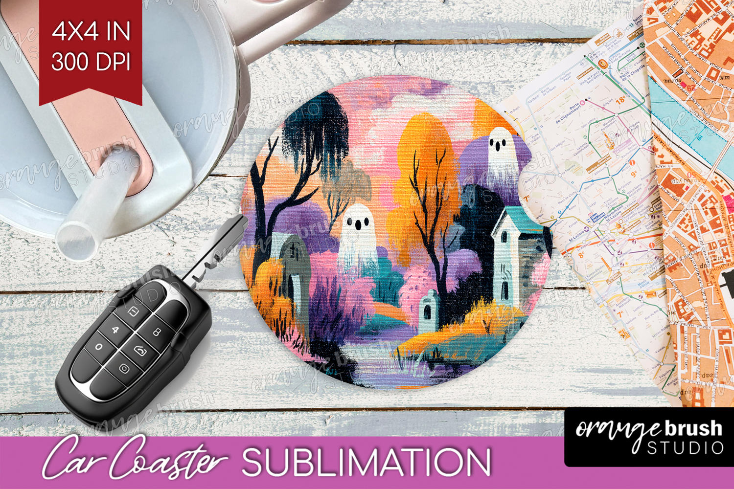 Retro Halloween Car Coaster - Vintage Coaster PNG product image 1