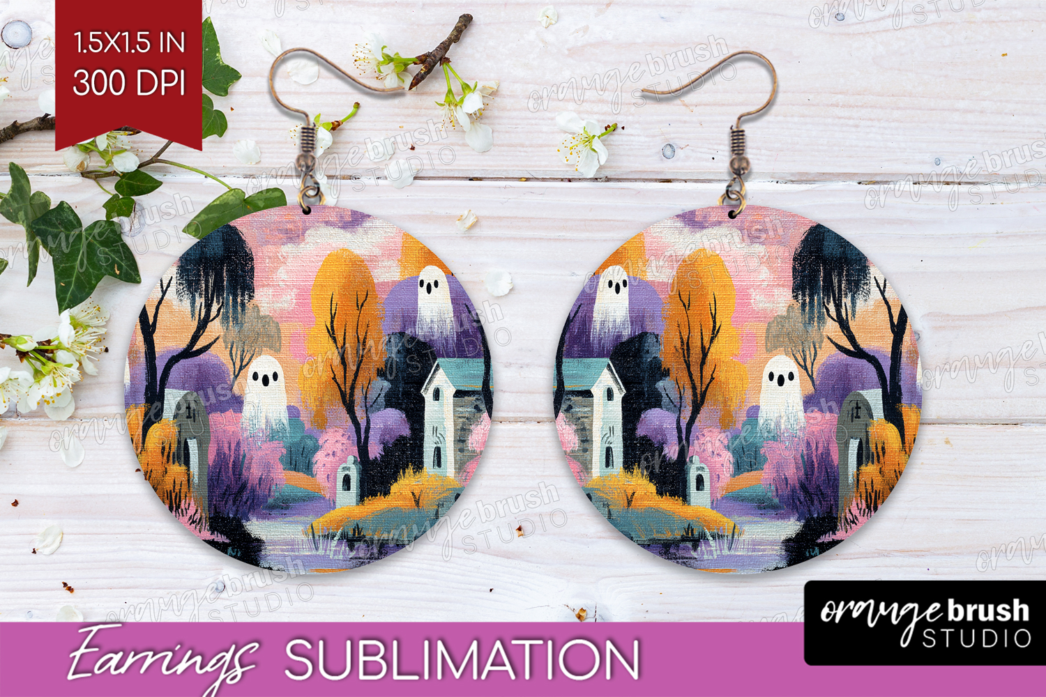 Retro Halloween Round Earrings - Vintage PNG Sublimation product image 1