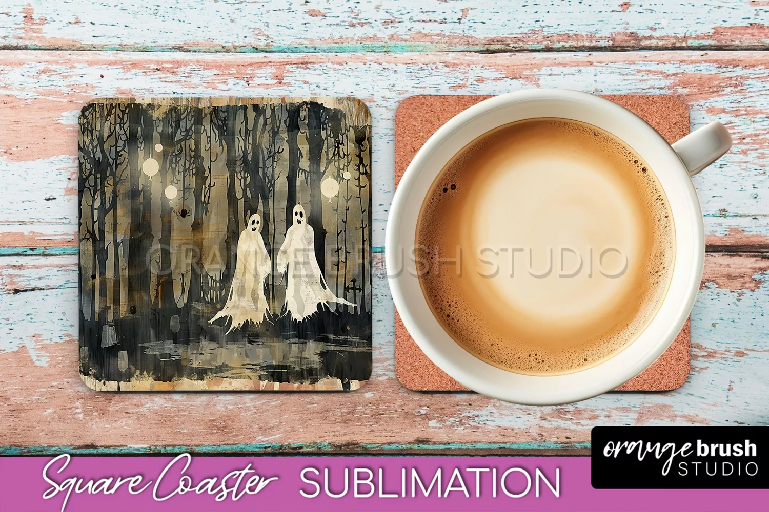 Vintage Halloween Square Coaster Sublimation - Spooky PNG product image 1