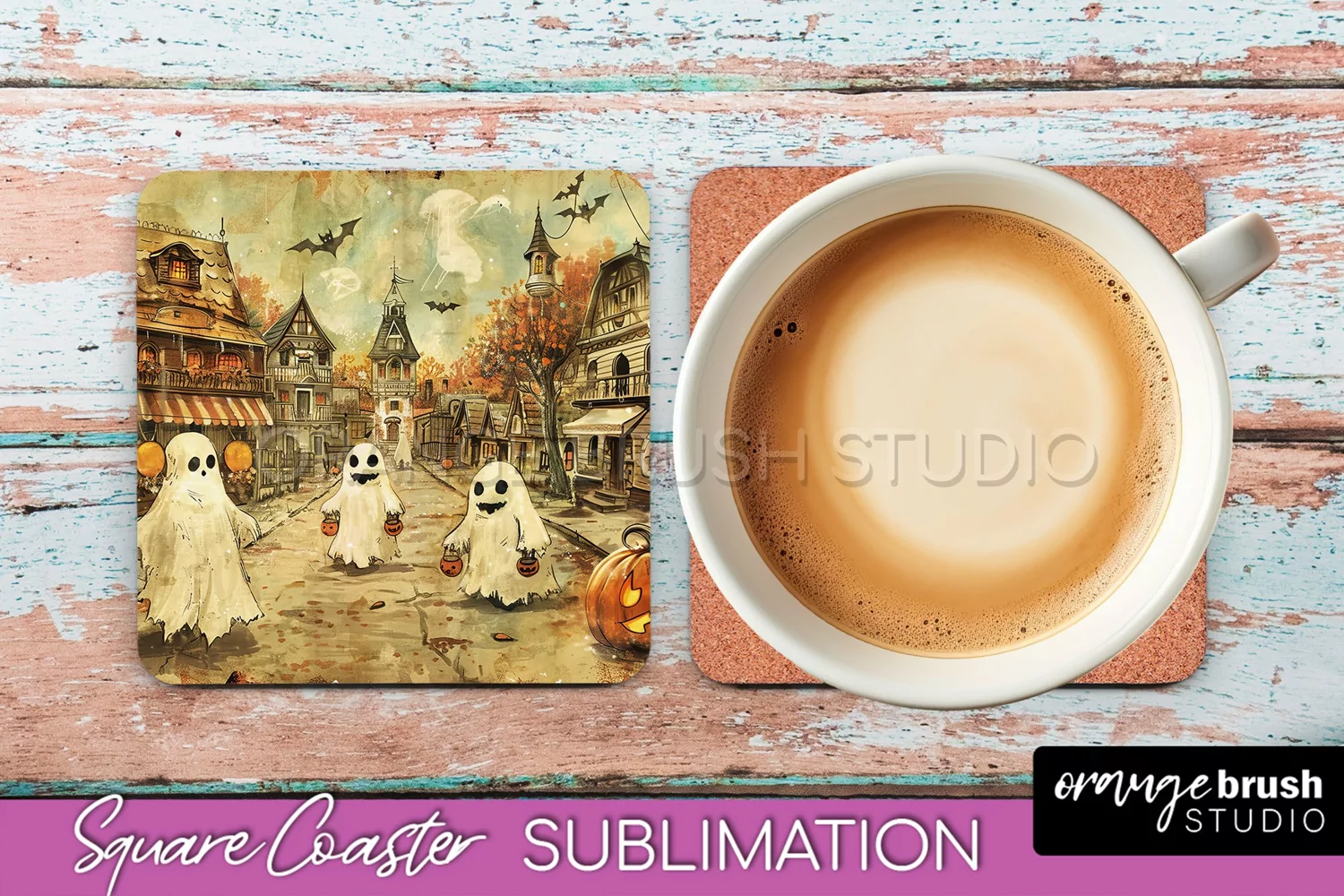 Vintage Halloween Square Coaster Sublimation - Spooky PNG product image 1