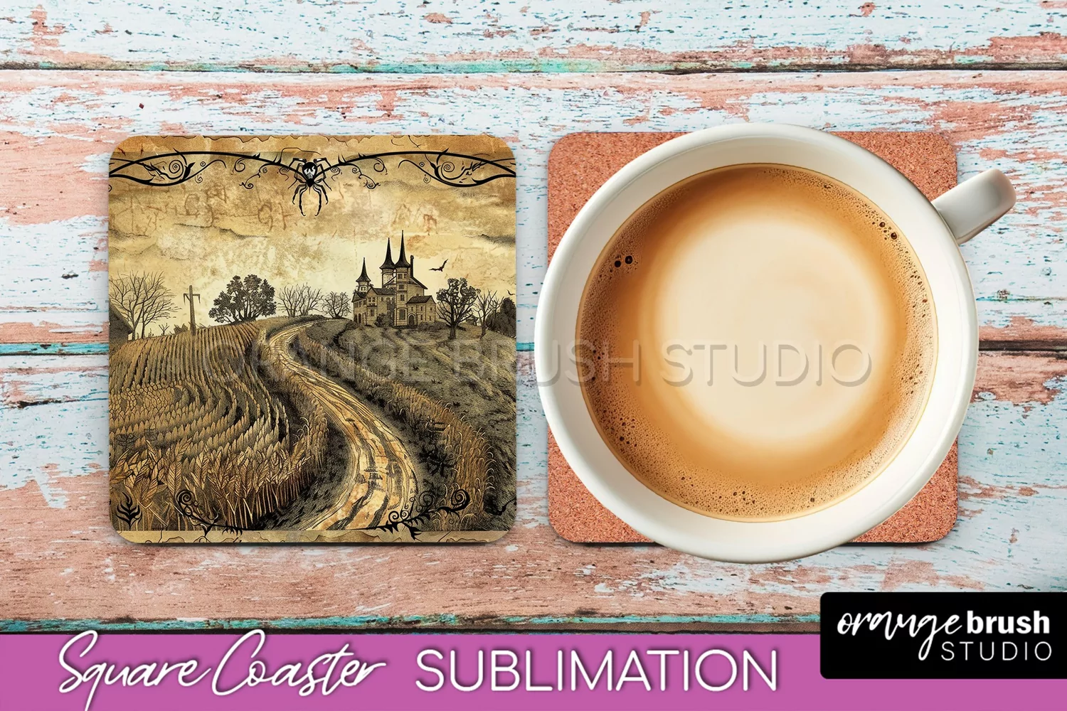 Vintage Halloween Square Coaster Sublimation - Spooky PNG product image 1