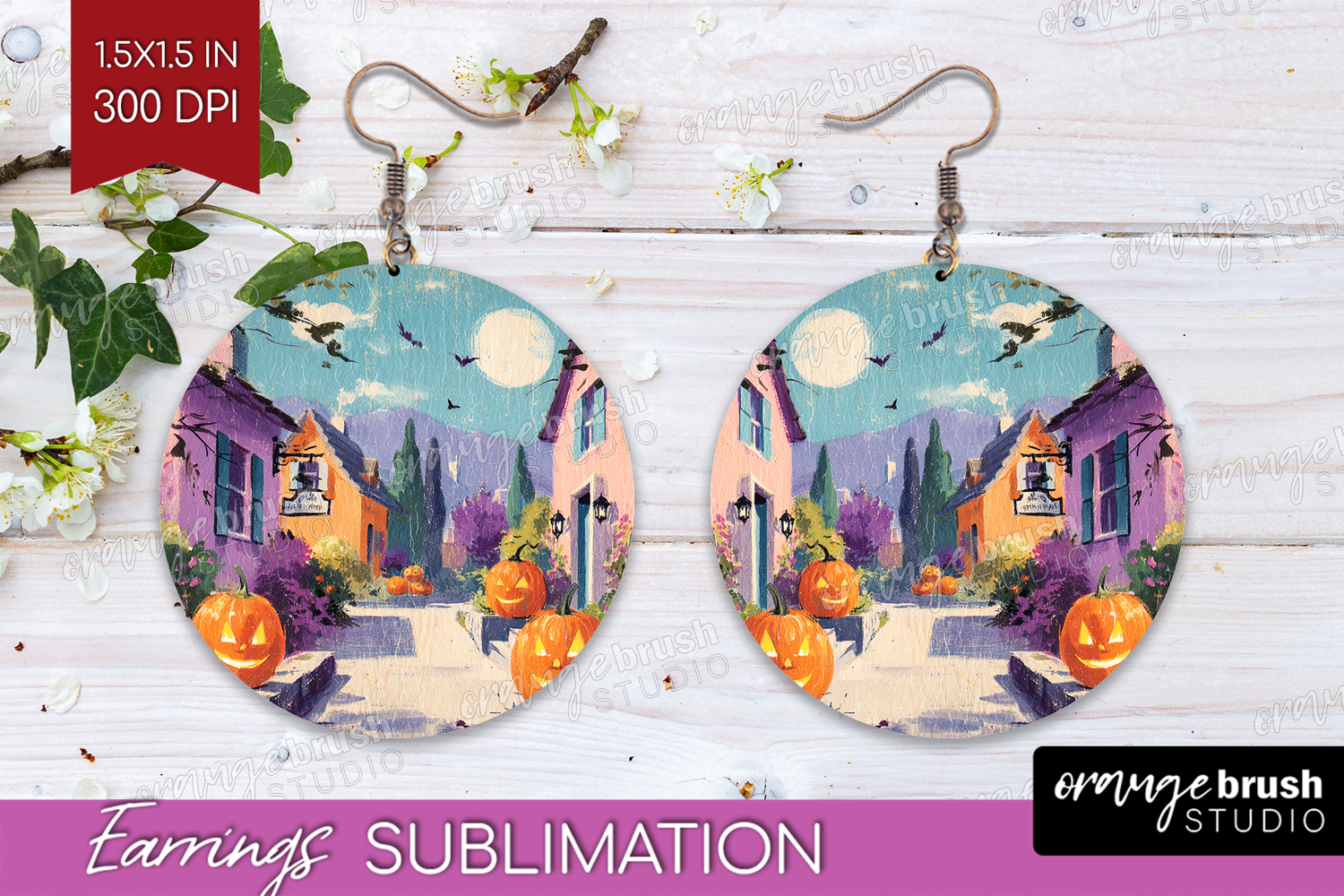 Retro Halloween Round Earrings - Vintage PNG Sublimation product image 1