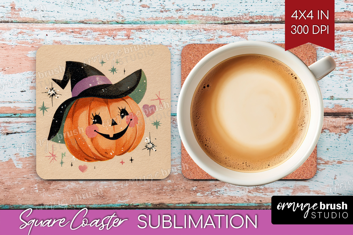 Retro Halloween Square Coaster - Vintage Coaster PNG product image 1