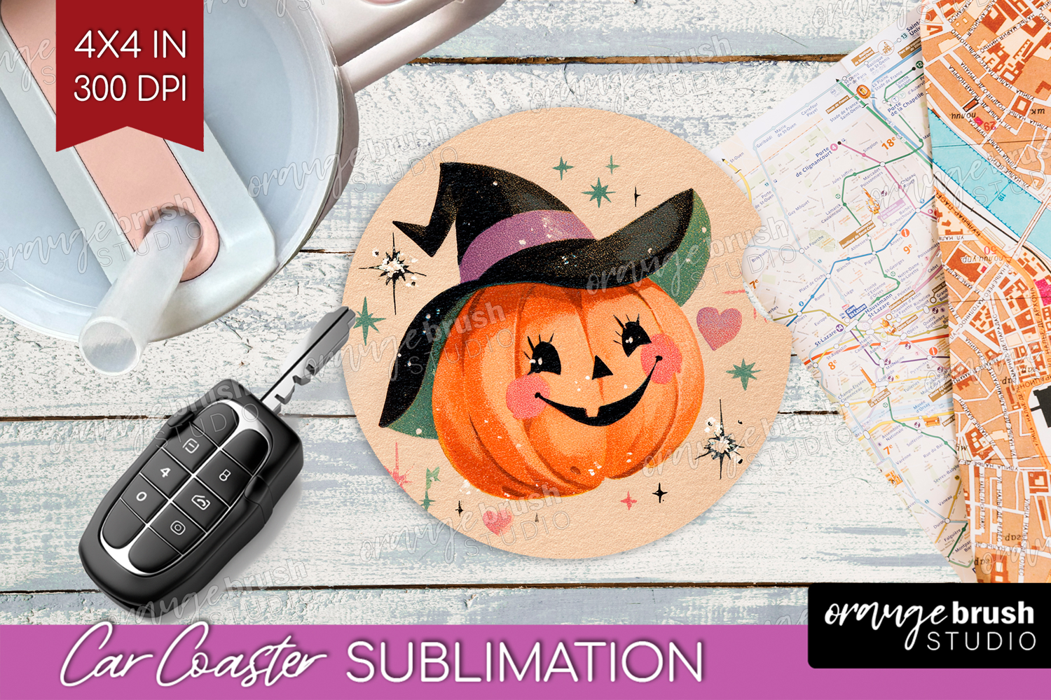 Retro Halloween Car Coaster - Vintage Coaster PNG product image 1