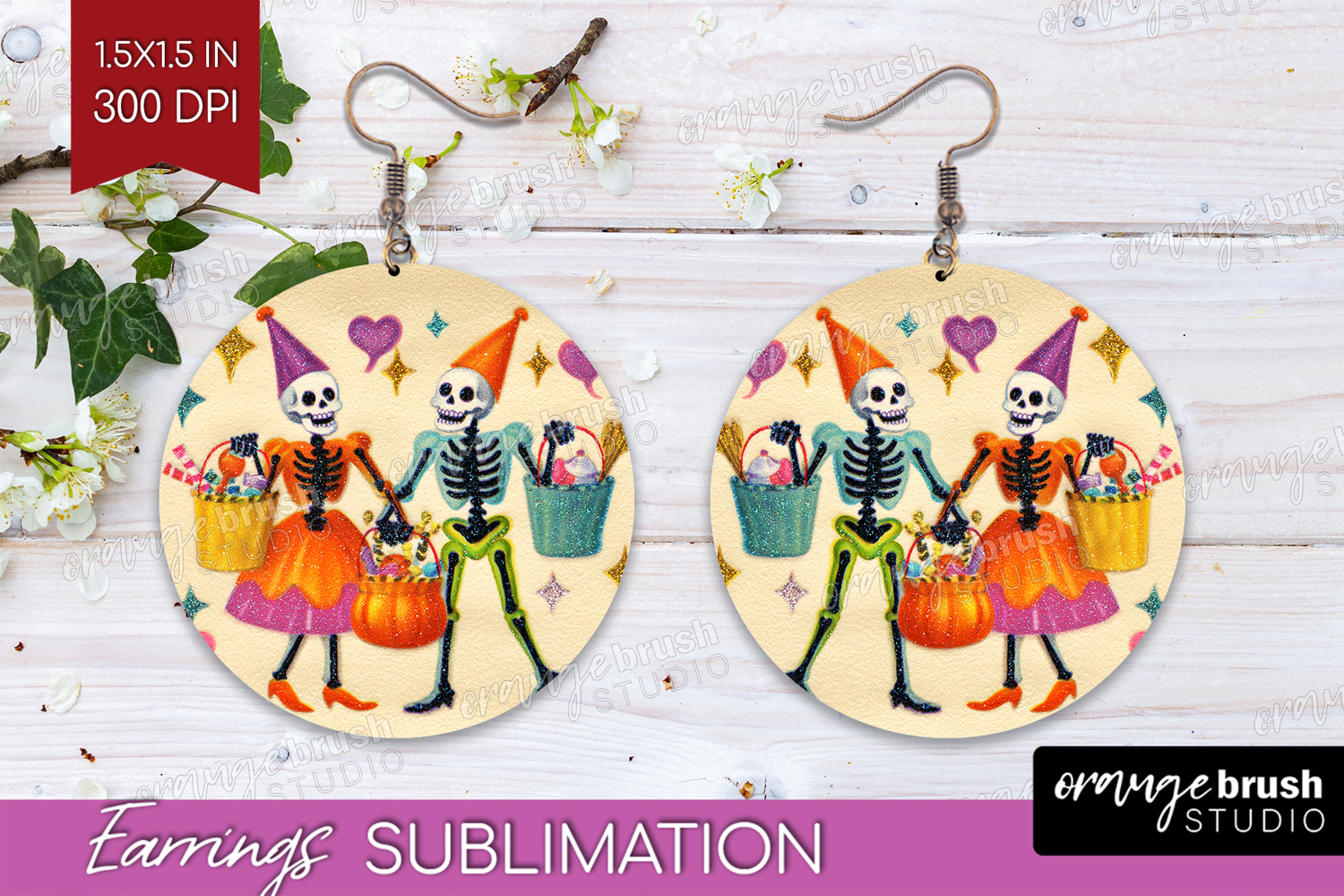 Retro Halloween Round Earrings - Vintage PNG Sublimation product image 1