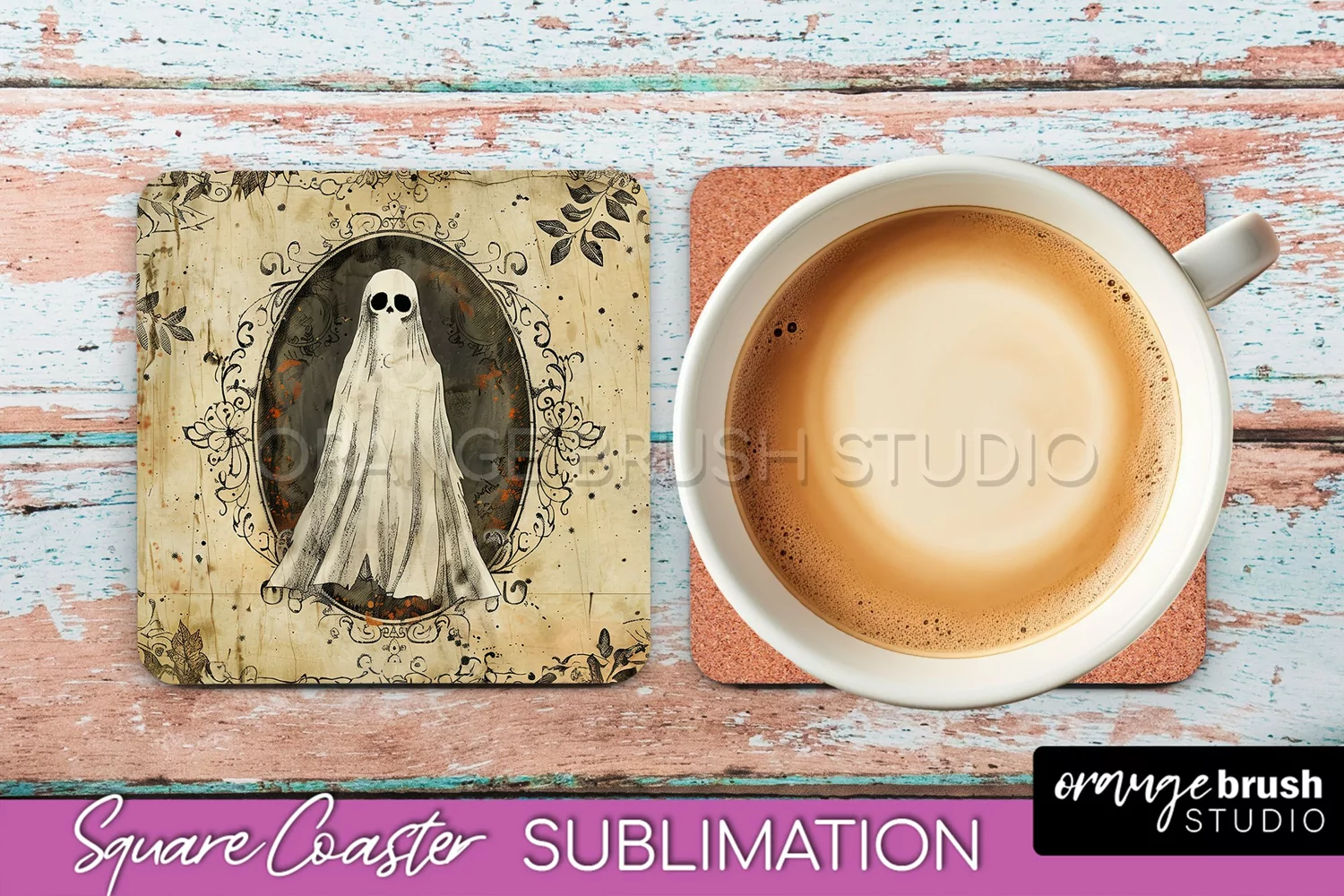 Vintage Halloween Square Coaster Sublimation - Spooky PNG product image 1