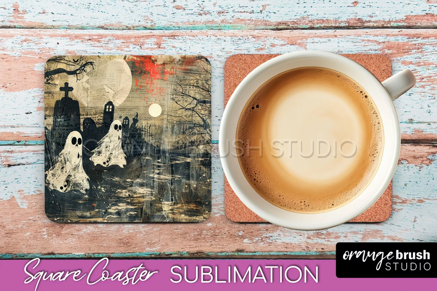 Vintage Halloween Square Coaster Sublimation - Spooky PNG product image 1