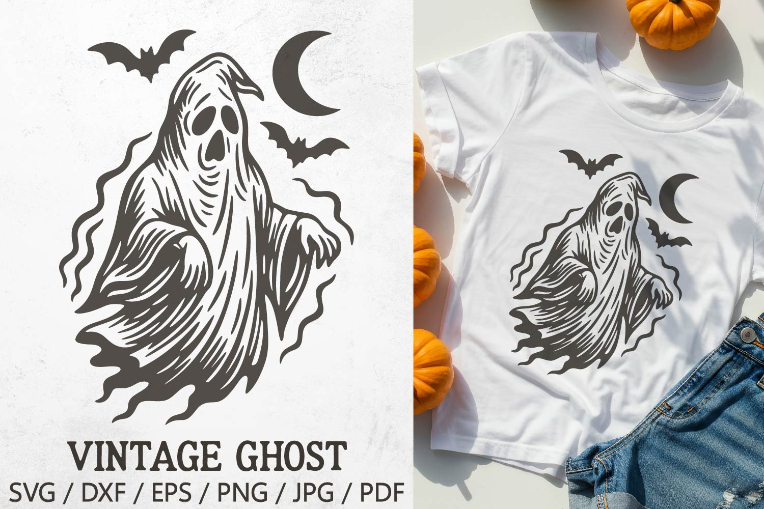 Vintage Halloween Ghost SVG – creepy retro phantom with flowing sheet, crescent moon, and bats. Perfect for Halloween t-shirts, mugs, tote bags, stickers, invitations, party decor, posters, and vintage haunted projects.