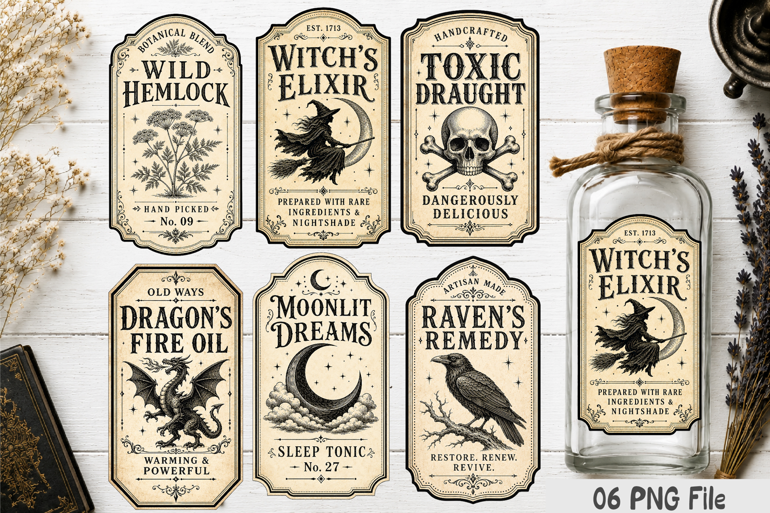 Vintage Halloween Potion Bottle Labels PNG product image 1